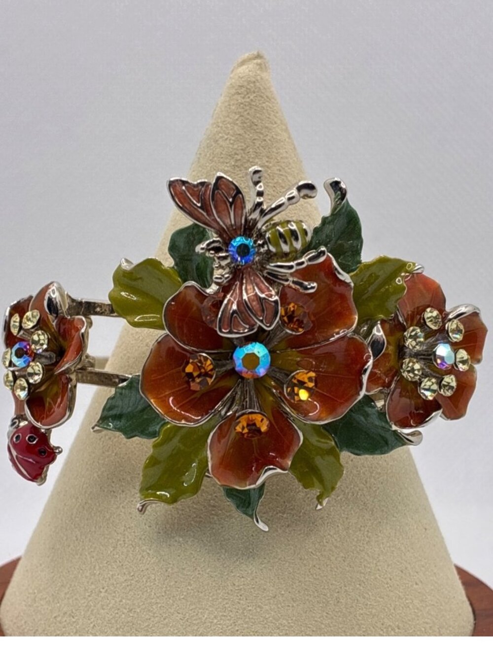 En Tremblant Trembler Bee Flower Cuff Bracelet Enamel Rhinestone Silvertone 6.5"